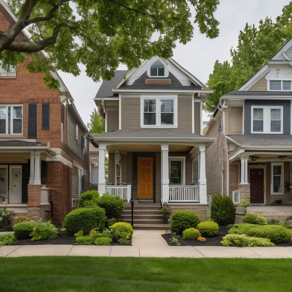 Row of residential homes with varied architectural styles in an established neighborhood