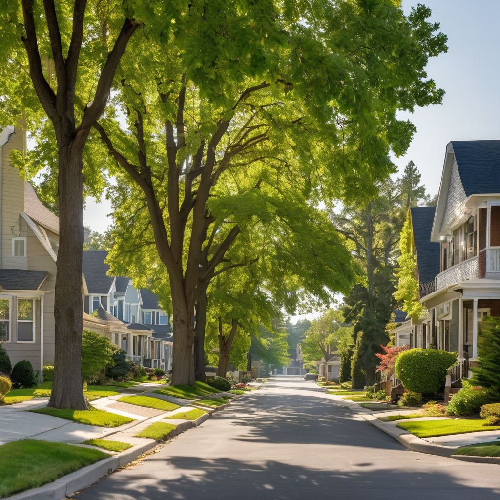 Charming residential neighborhood street with tree-lined properties and multiple well-maintained homes showing community context
