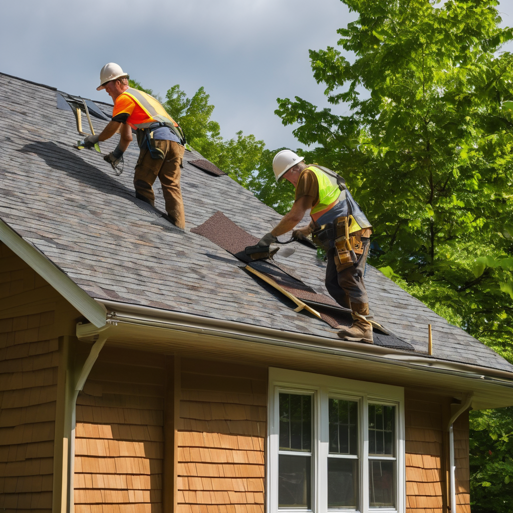 Two roofers in hard hats and high-visibility vests replacing shingles on a residential roof